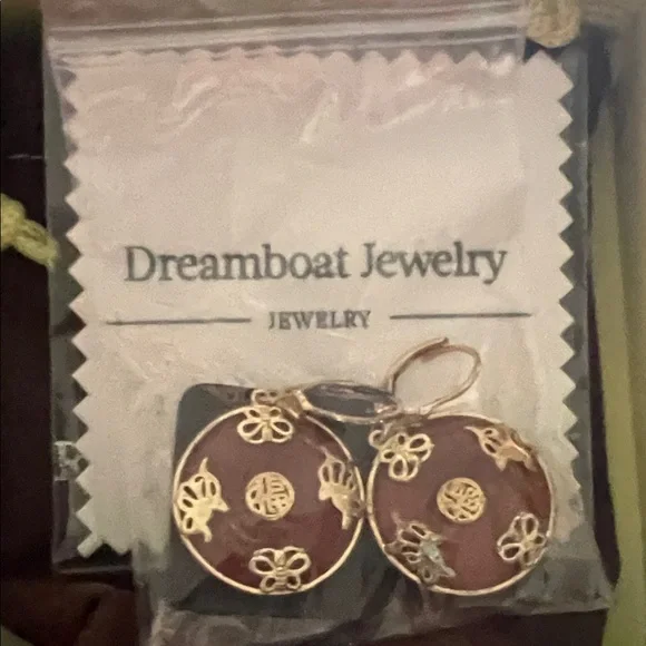 #0956*Ross-Simons/Gold Plated/Red Jade Earrings.Good Fortune Butterfly & Dragon - Picture 6 of 10